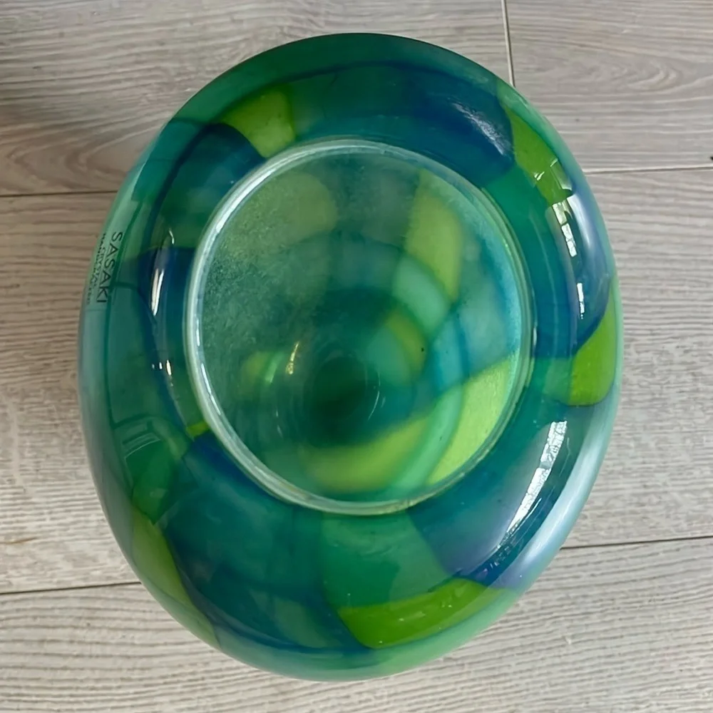Sasaki Green Blue Heavy Thick Crystal Vase Perfect Condition